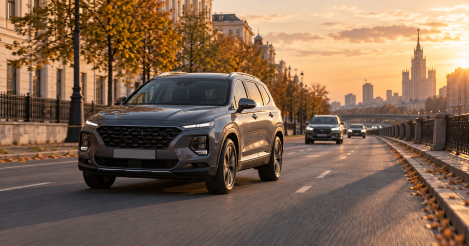 Корейский автомобиль с системами ADAS на городской дороге