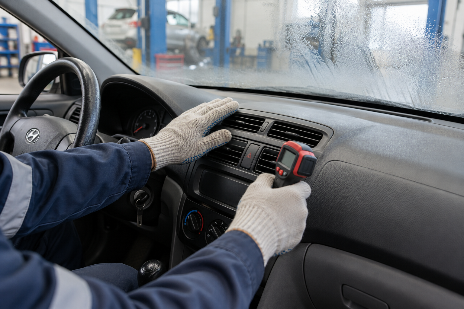Проверка обдува ветрового стекла Hyundai Accent при запотевании