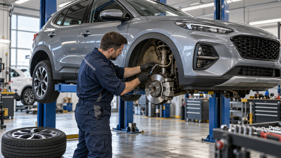 Диагностика тормозных шлангов корейского автомобиля на подъёмнике