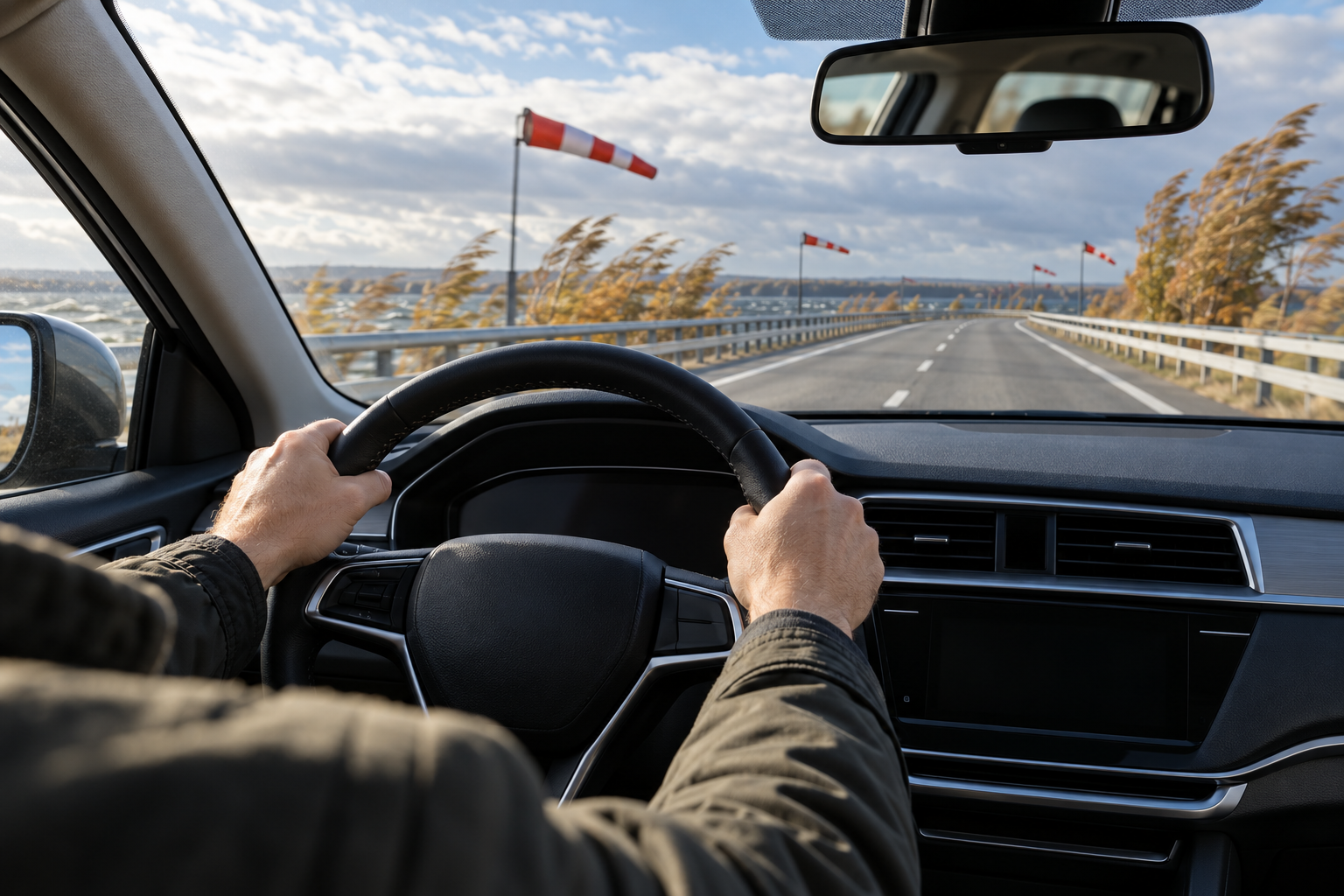 Правильный хват руля при движении корейского автомобиля по ветреному мосту
