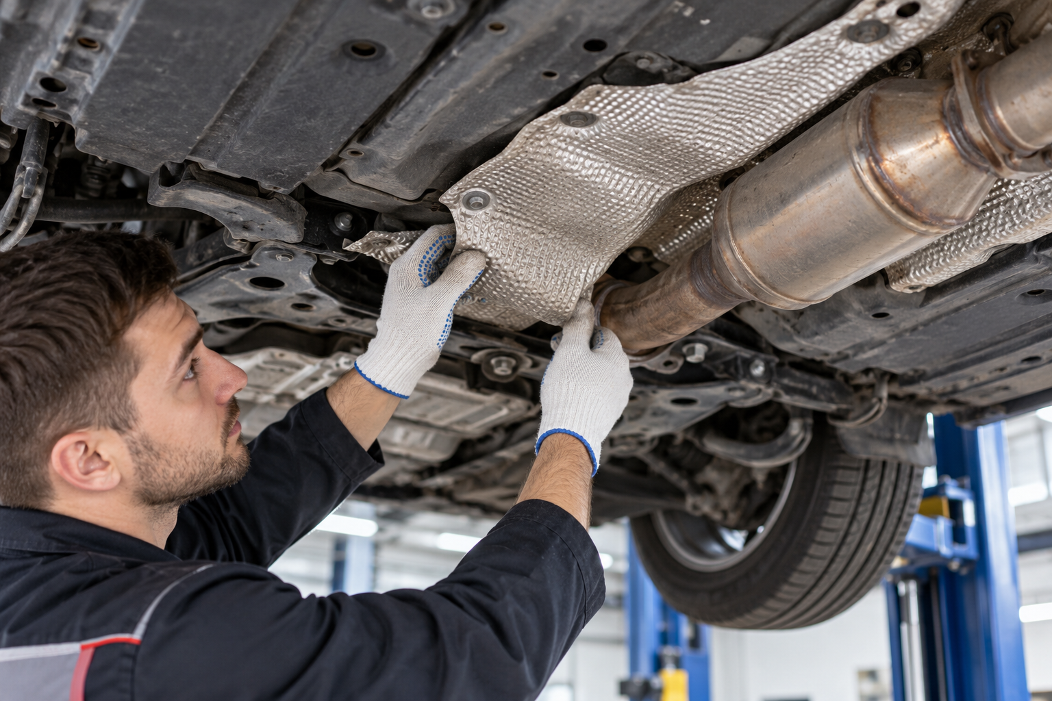 Осмотр теплозащитного экрана выхлопной системы корейского автомобиля
