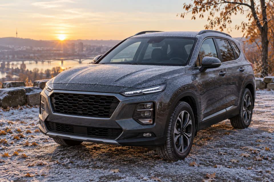 Корейский автомобиль с очищенными стёклами утром после первого заморозка