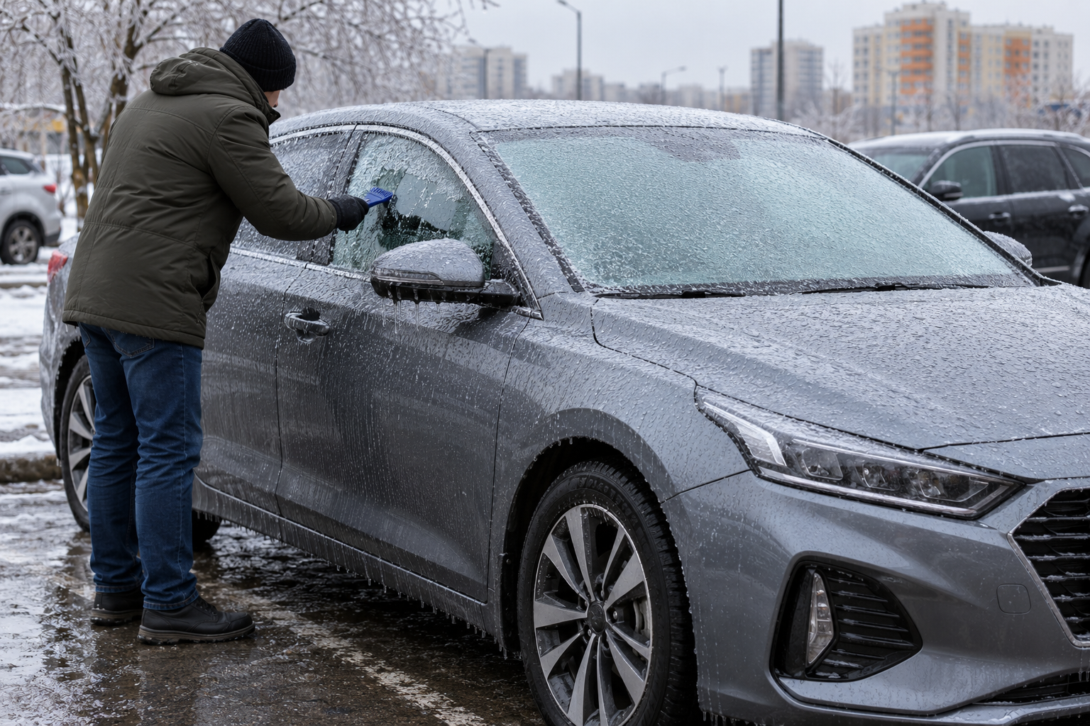 Очистка бокового стекла корейского автомобиля после ледяного дождя