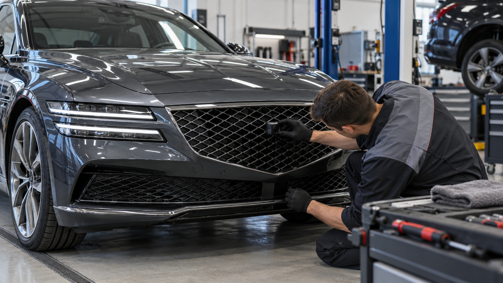 Осмотр передней камеры системы кругового обзора Genesis в автосервисе