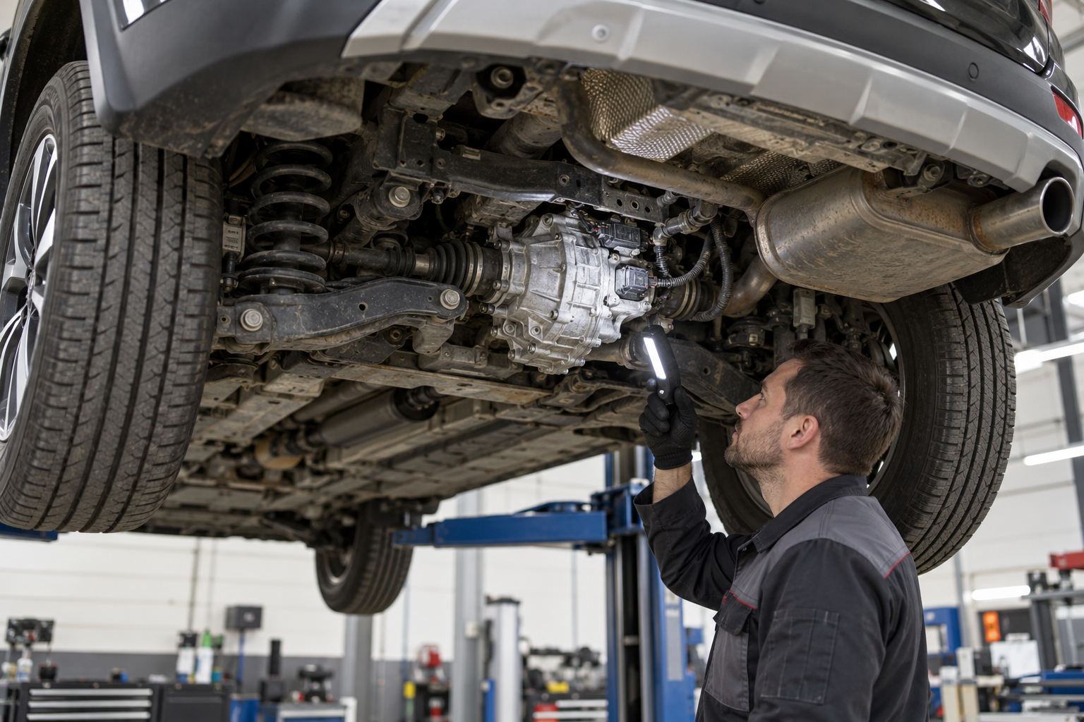 Осмотр муфты полного привода и заднего редуктора Kia Sportage на подъёмнике