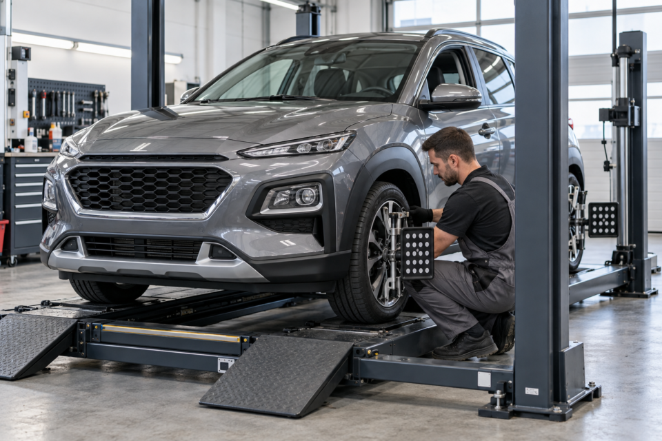 Корейский автомобиль на стенде проверки рулевого управления в автосервисе