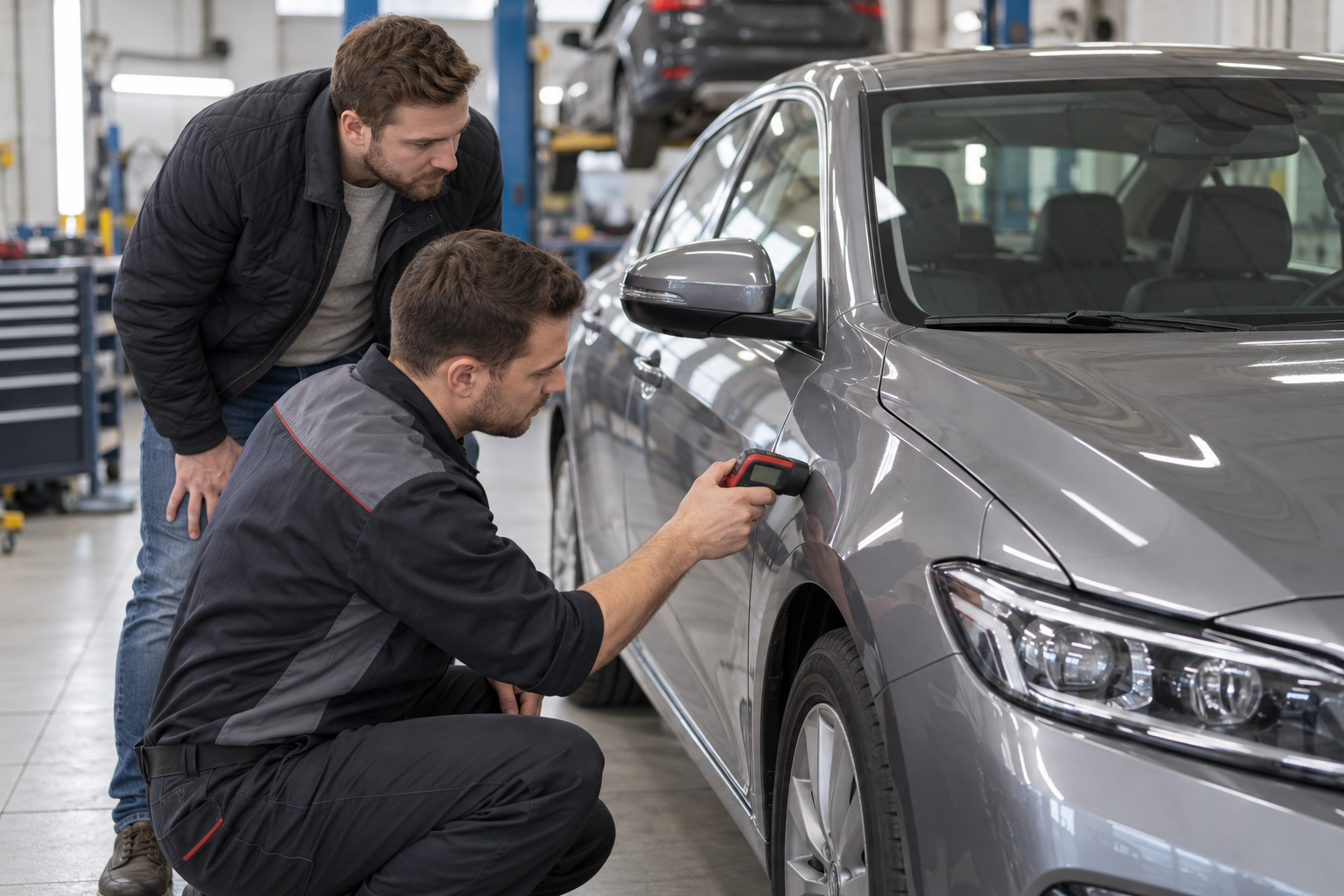 Проверка кузова подержанного Hyundai толщиномером перед покупкой