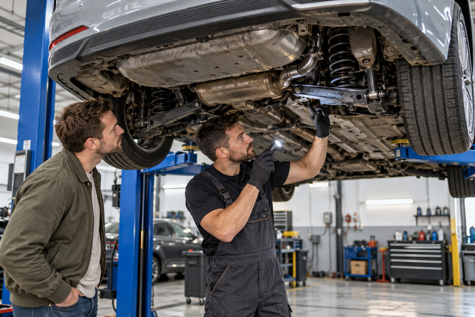 Осмотр подвески и днища подержанного Hyundai на подъёмнике